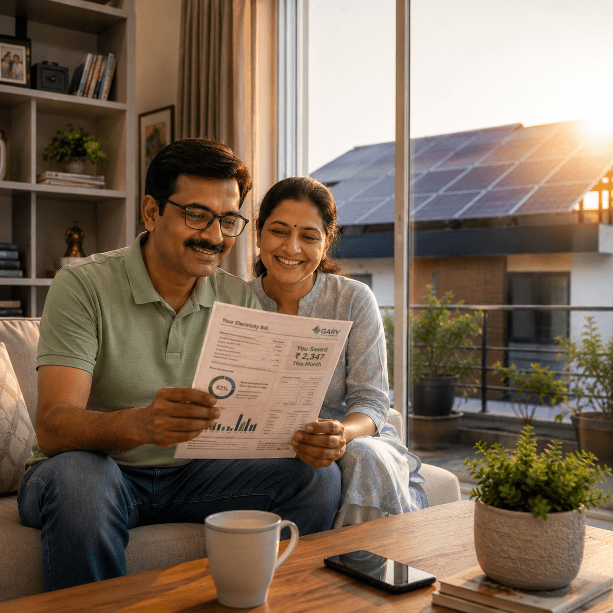 Family reviewing solar savings on electricity bill
