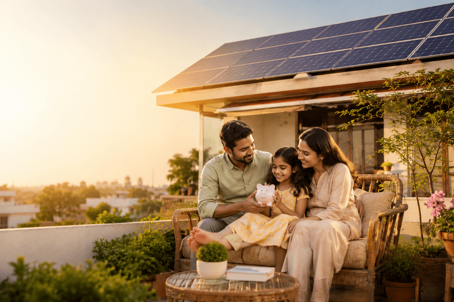 Indian family on a rooftop with solar panels at sunset