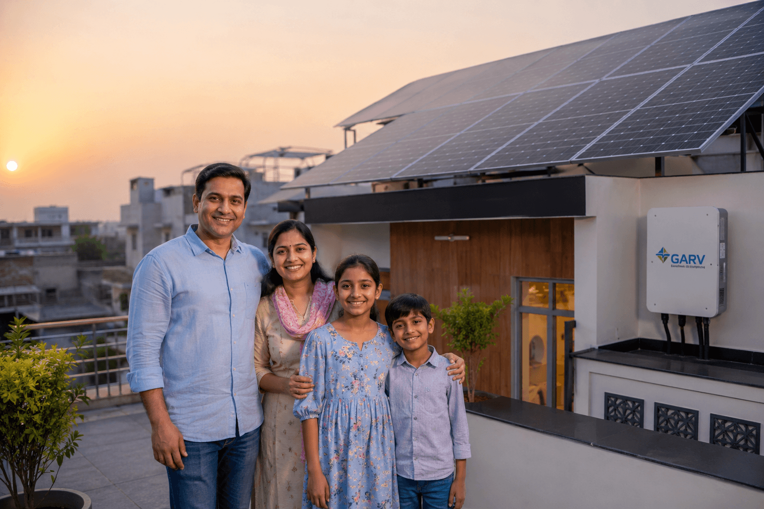 Family with rooftop solar installation at sunset
